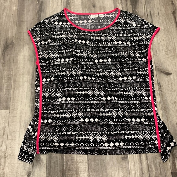 Cato Tops - CATO Black & White with Neon Pink Trim Printed Sleeveless Tunic Blouse